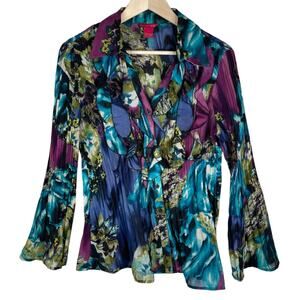 Sunny Leigh Women's Crinkle Cut Ruffle Long Sleeve Blouse Y2K 70s Large